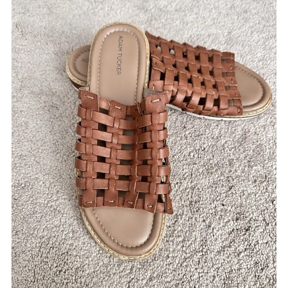Adam Tucker Women's Woven Brown Leather Slide Sandals Brown Comfort Size 9M